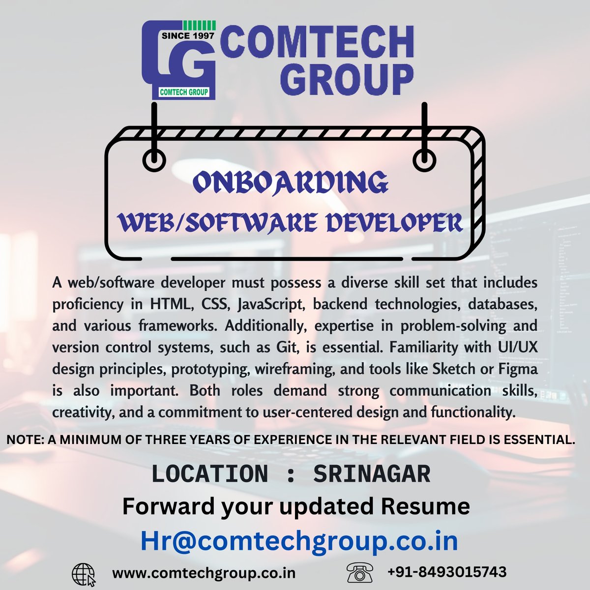 ComtechGroupInd's tweet photo. Looking for talented Web/Software Developers to join our dynamic team! If you have experience with HTML, CSS, JavaScript, backend technologies, and frameworks.
#Hiring #WebDeveloper #SoftwareDeveloper #TechJobs #JoinOurTeam #comtechgroup #Kashmir #Srinagar https://t.co/LP3v1RrDn5