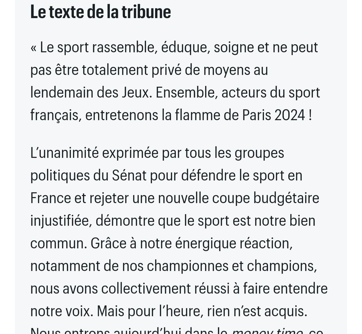 📄 Ensemble, entretenons la flamme de #Paris2024 » : la tribune du monde du sport contre la baisse du budget

leparisien.fr/sports/ensembl…

À l’initiative du <a href="/ReseauAndes/">ANDES</a>  plus de 5000 personnalités appellent à préserver les moyens alloués au sport.

#cartonrougeabercy
