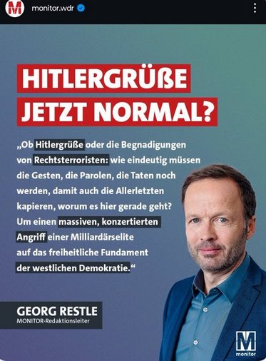 Erstaunlich, wie abenteuerlich über die Geste von Elon Musk diskutiert wird und mit welcher Entschlossenheit man Rechtsextremismus in Übersee erkennt – während man gleichzeitig vor der eigenen Haustür seit Monaten tägliche Aufrufe zur Ermordung von Juden, offenen Antisemitismus