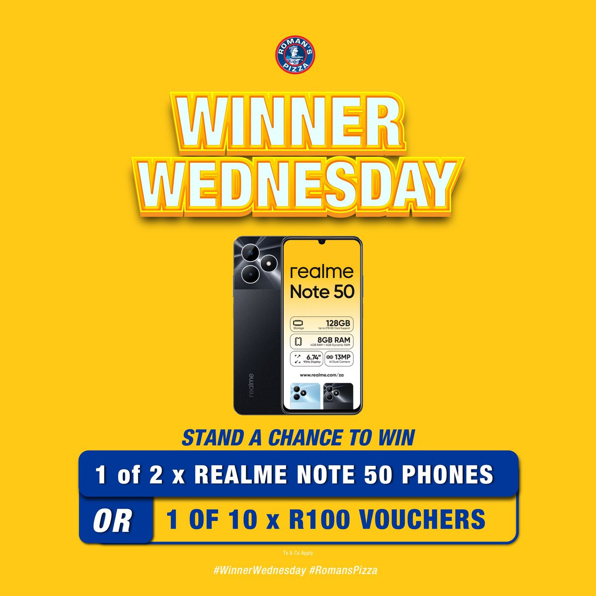 romans_pizza's tweet image. 🎉 We're giving away 2x RealMe NOTE 50 Phones and 10 x R100 Roman's Pizza vouchers to some lucky Romanites! 🎉

Here’s how to enter:
1️⃣ Check out our new menu items
2️⃣ Tell us in the comments why you’re excited to try them! 😋
3️⃣ Use #RomansPizza #WinWithRomansPizza #RealMe to…