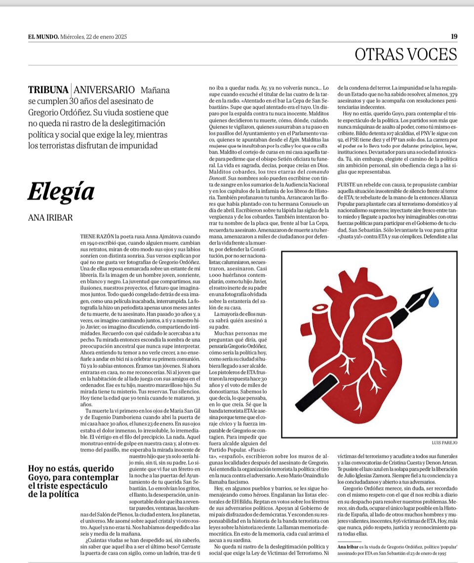 Imprescindible hoy esto de Ana Iribar, viuda de Gregorio Ordóñez del que mañana se cumplen 30 años de su asesinato a manos de la organización terrorista ETA