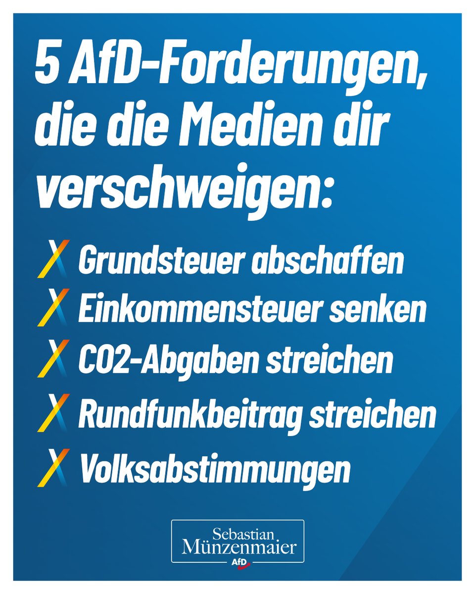 S_Muenzenmaier's tweet photo. Dafür steht die AfD: 
💙 Weniger Steuern
💙 Weniger Bevormundung
💙 Mehr Freiheit
💙 Mehr Sicherheit
💙 Mehr direkte Demokratie

Das muss dieser angebliche "Rechtsextremismus" sein, von dem Medien und VS immer schwafeln...

TM https://t.co/Maql97RTR8