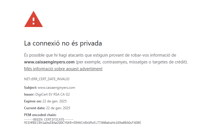 xavigrac's tweet photo. Bon dia @CaixaEnginyers, us ha caducat el certificat del web. https://t.co/VPpSzOBgp8