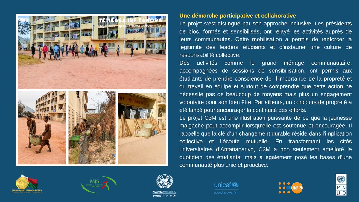 PNUD_Madagascar's tweet photo. #IRFTANORA #IMPACT
L'initiative #C3M est une success story de l'impact di projet dans la communauté, spécifiquement au campus de l'Université d'Antananarivo.
@PBFMadagascar @mdoucey @JoachimOUEDRAO4
#Youth4Peace #Peacebuilding #YouthEmpowerment https://t.co/0nbwWdinZw