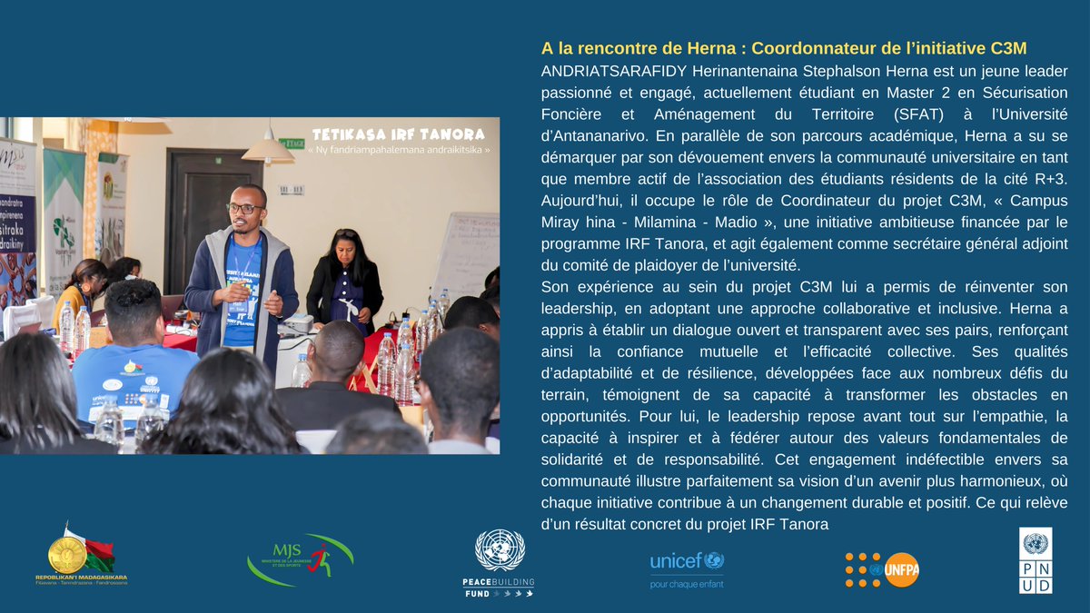 PNUD_Madagascar's tweet photo. #IRFTANORA #IMPACT
L'initiative #C3M est une success story de l'impact di projet dans la communauté, spécifiquement au campus de l'Université d'Antananarivo.
@PBFMadagascar @mdoucey @JoachimOUEDRAO4
#Youth4Peace #Peacebuilding #YouthEmpowerment https://t.co/0nbwWdinZw