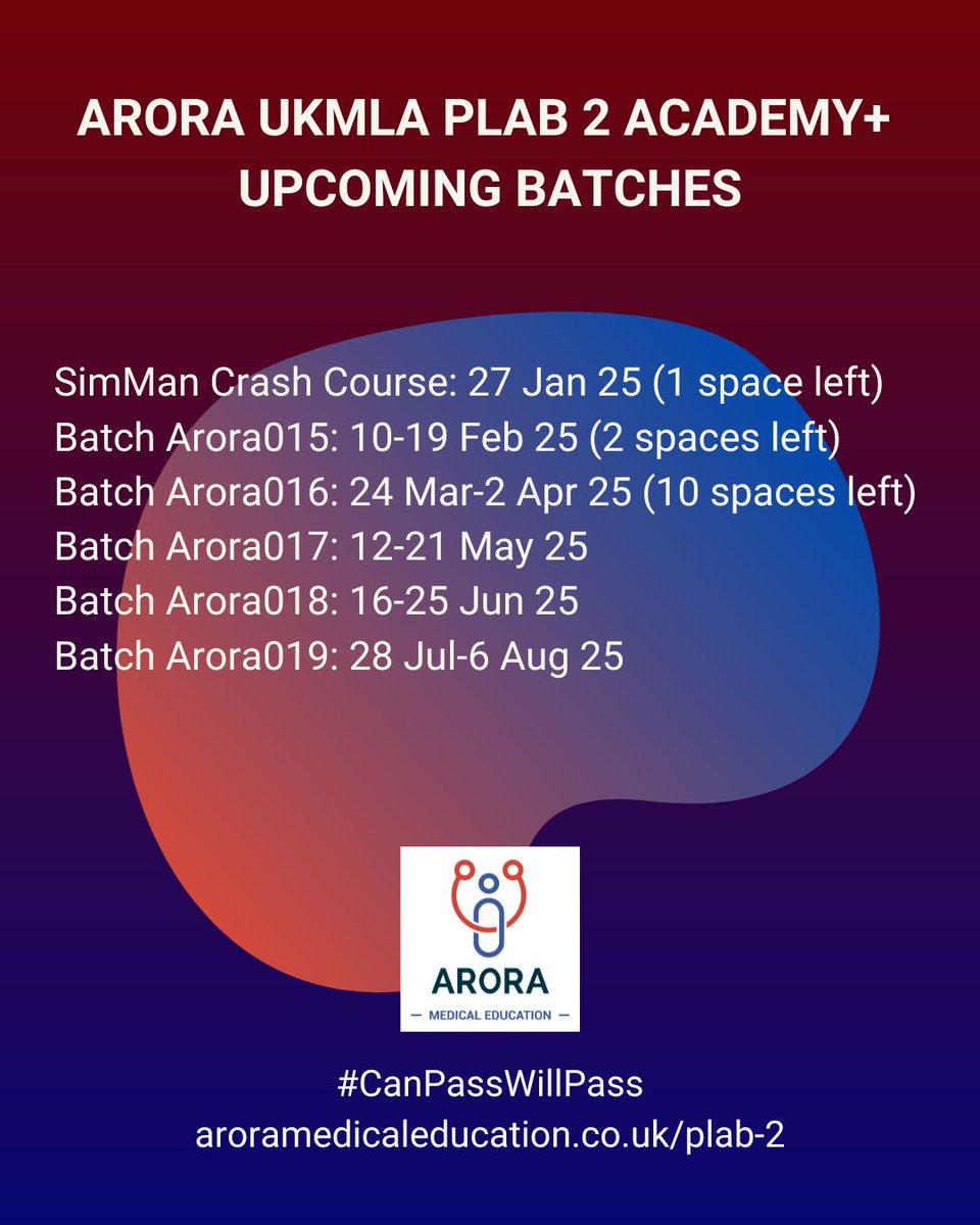👉 SimMan Day Course: aroramedicaleducation.co.uk/ukmla-plab2-si…

👉 UKMLA PLAB 2 Academy+ package: aroramedicaleducation.co.uk/plab-2-academy/

#CanPassWillPass #UKMLA #PLAB2 #CPSA