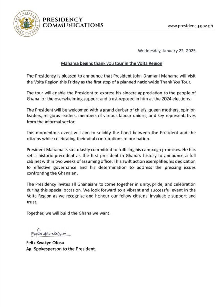 President <a href="/JDMahama/">John Dramani Mahama</a> heads to the Volta Region on Friday to begin thank you tour.