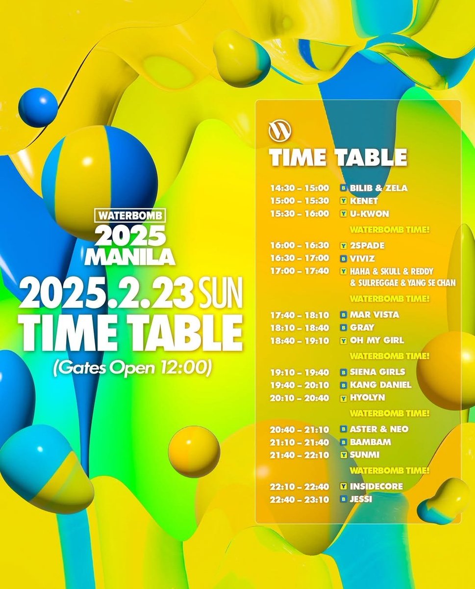 Are you team 💙 or team 💛 ?? 

Waterbomb Manila timetable is now out! Catch your favorite artists on their respective days!

#WATERBOMBMANILA 
#WATERBOMB2025