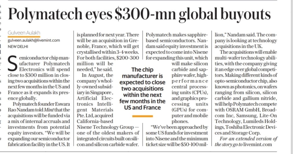 SuryaM370840's tweet photo. It seems like there is a perception that while Polymatech Electronics regularly makes headlines with news of its acquisitions and expansion plans, these announcements haven't translated into tangible, positive outcomes for the company. This could indicate that while the company's media presence is high, its actual impact or operational success is not matching the expectations set by these announcements.

The $300 million investment in acquisitions in the US and France shows the company's intent to grow globally, which might be part of a broader strategy to increase market share or enhance technological capabilities. However, the lack of visible progress in the company's performance could point to challenges in execution, integration of new assets, or external market factors.

It might be useful for investors, customers, or stakeholders to dig deeper into the financials, market conditions, and operational outcomes of these acquisitions, rather than just the headlines. These factors might reveal why the news is not translating into a more positive effect on the company's bottom line.

#Polymatech 
 @UnlistedZone