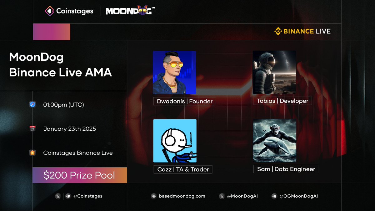 🎙️Join Us For the Next Binance Live #AMA With <a href="/MoonDogAI/">MoonDog AI - Way More Than A Meme</a> 

⏰ January 23rd, 2025 at 1 PM UTC 

🔸Set reminder here: binance.com/en/live/video?…

🎁 $200 USDT to be won 10 Best question and 10 Live Questions

Rules:
✅Follow <a href="/Coinstages/">Coinstages</a> &amp; @moondogai
✅Like, RT &amp; Comment your question!