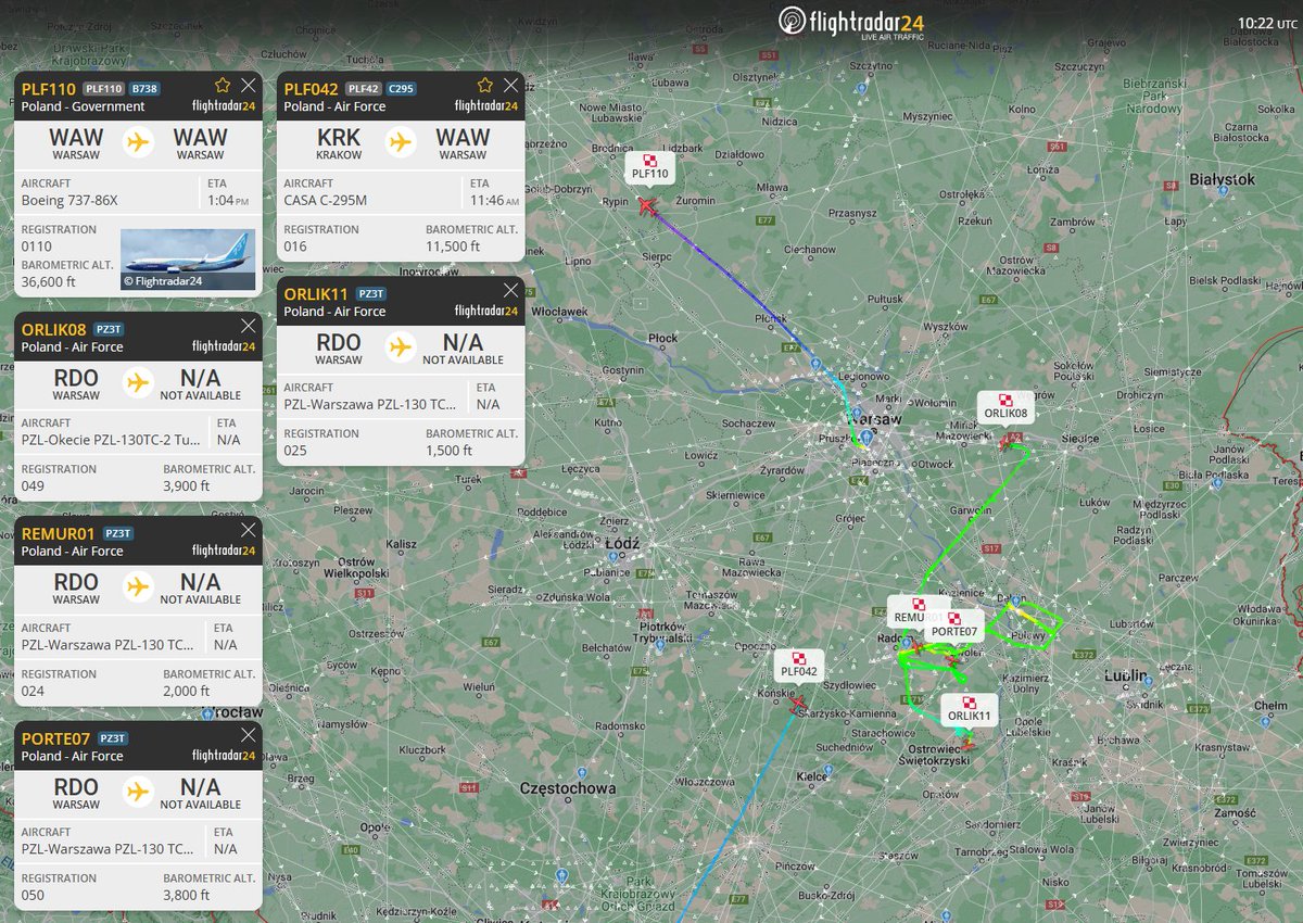 PolishMilRadar's tweet photo. ⌚️ 22.01 11:22Z
1. #PLF130 B738 "0110" flight from Warsaw #EPWA to unknown dest.
2. #PLF042 C295 "016" flying from Kraków #EPKK to Warsaw #EPWA
3. #REMUR01 "024" & #ORLIK08 "049" & #ORLIK11 "025" & #PORTE07 "050" PZ3T training flight from/ to Radom Air Base #EPRA
#POLMILRADAR https://t.co/NGV6mTdGrE