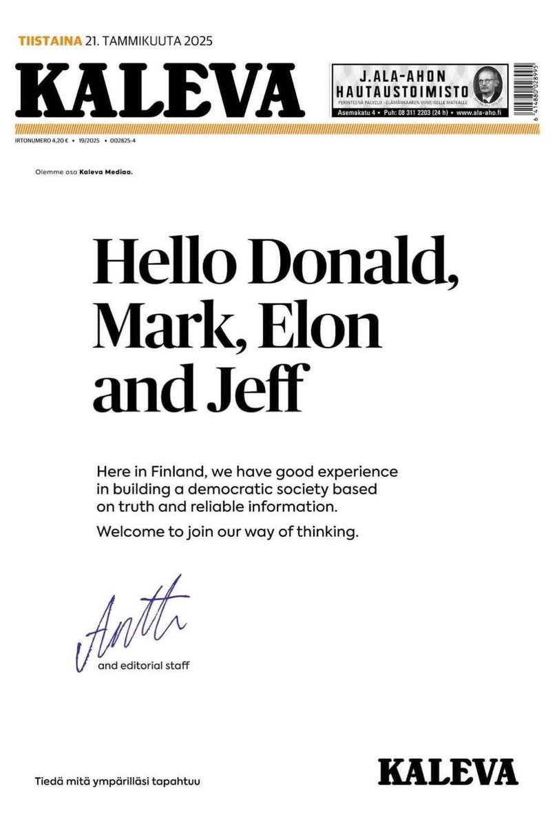 juhkir's tweet photo. Pitkät jäähyväiset X:lle, mutta halusin tulla tämän tänne ripustamaan - ja sitten palaan sinitaivaalle @juhkir.bsky.social

Arvostan @anttijkokkonen ja Kaleva. https://t.co/OPOByLWDYr