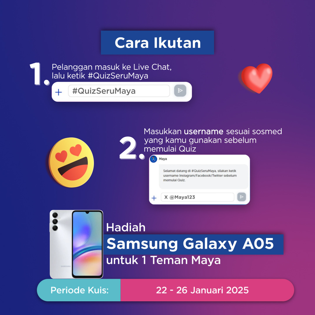 myXLCare's tweet photo. ✨ G I V E A W A Y ✨

🙋‍♀️ Hai Teman Maya! 
Maya punya hadiah Handphone Samsung Galaxy A05 nih buat kamu, ada yang mau?

Yuk ikutan #QuizSeruMaya ajaa~ 
dan jangan lupa follow @myxlcare ya! 😊

👉 Cek cara ikutannya di bawah ini ya: https://t.co/g7jzCAtvYJ