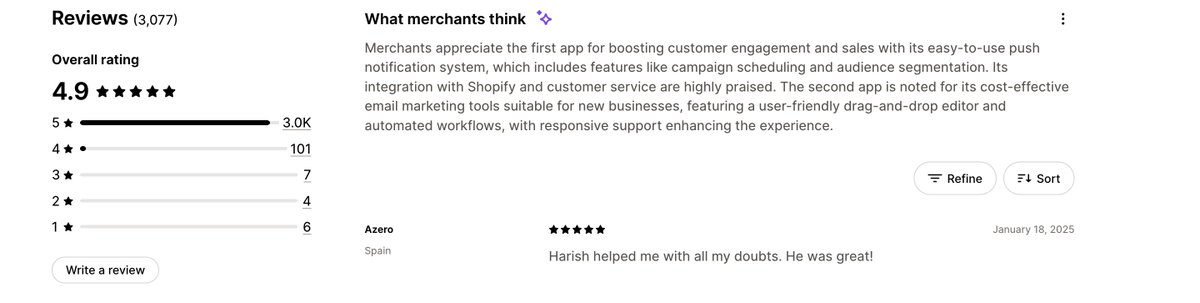 something we've been nailing <a href="/pushowl/">PushOwl</a>
time and again is the quality of cx. harish, our latest addition to the team, got his first 5-star review in four days!