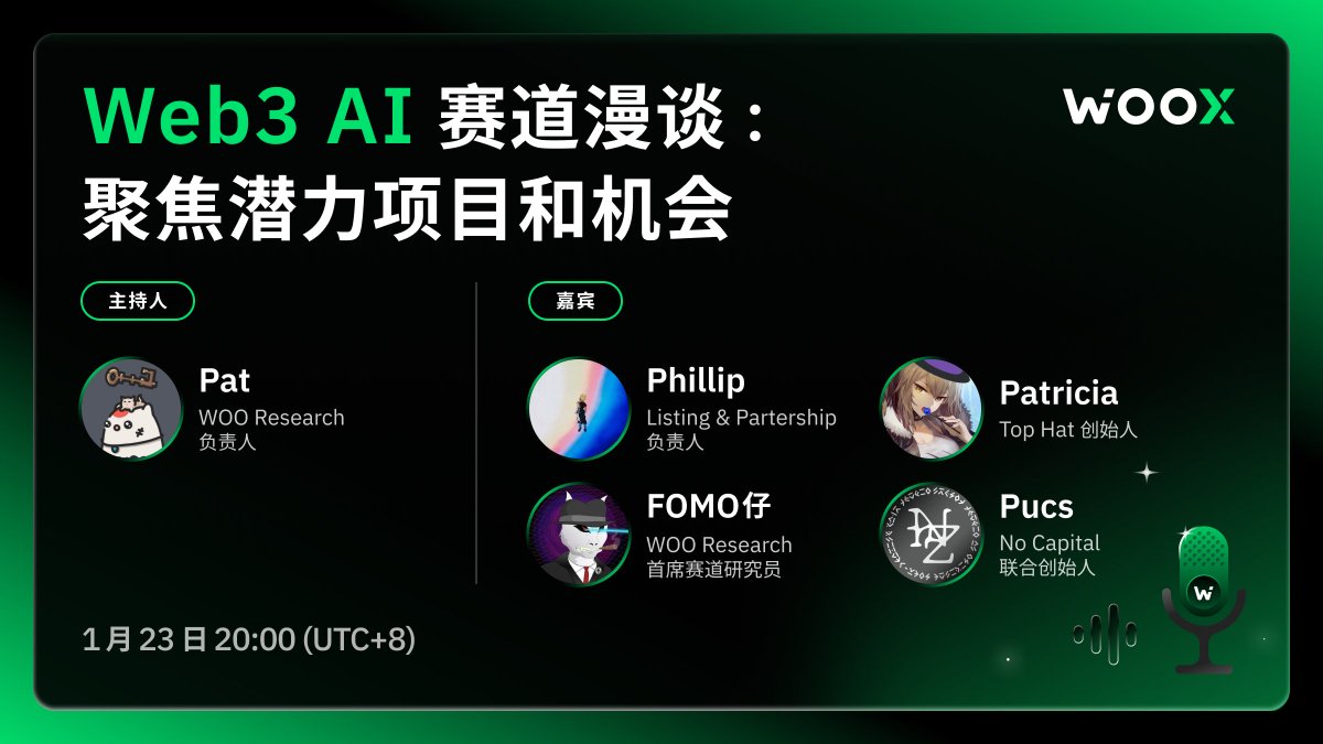 _WOO_ZH's tweet photo. 【#WOOSpace】Web3 AI赛道漫谈,聚焦潜力项目和机会
⏰本周四 明晚 20:00 UTC+8
🎙️主持人:
@BoxerDefi
👨💼嘉宾:
@0xfomor @ChildishPhillip @0xsuperpat @william_pucs
🎁关注我们+转发+点赞本条推文,并留下你想要一起讨论的问题,抽3人赠送100 $WOO
设置提醒:https://t.co/D4JSRgb875 https://t.co/VdCqXJgvvN
