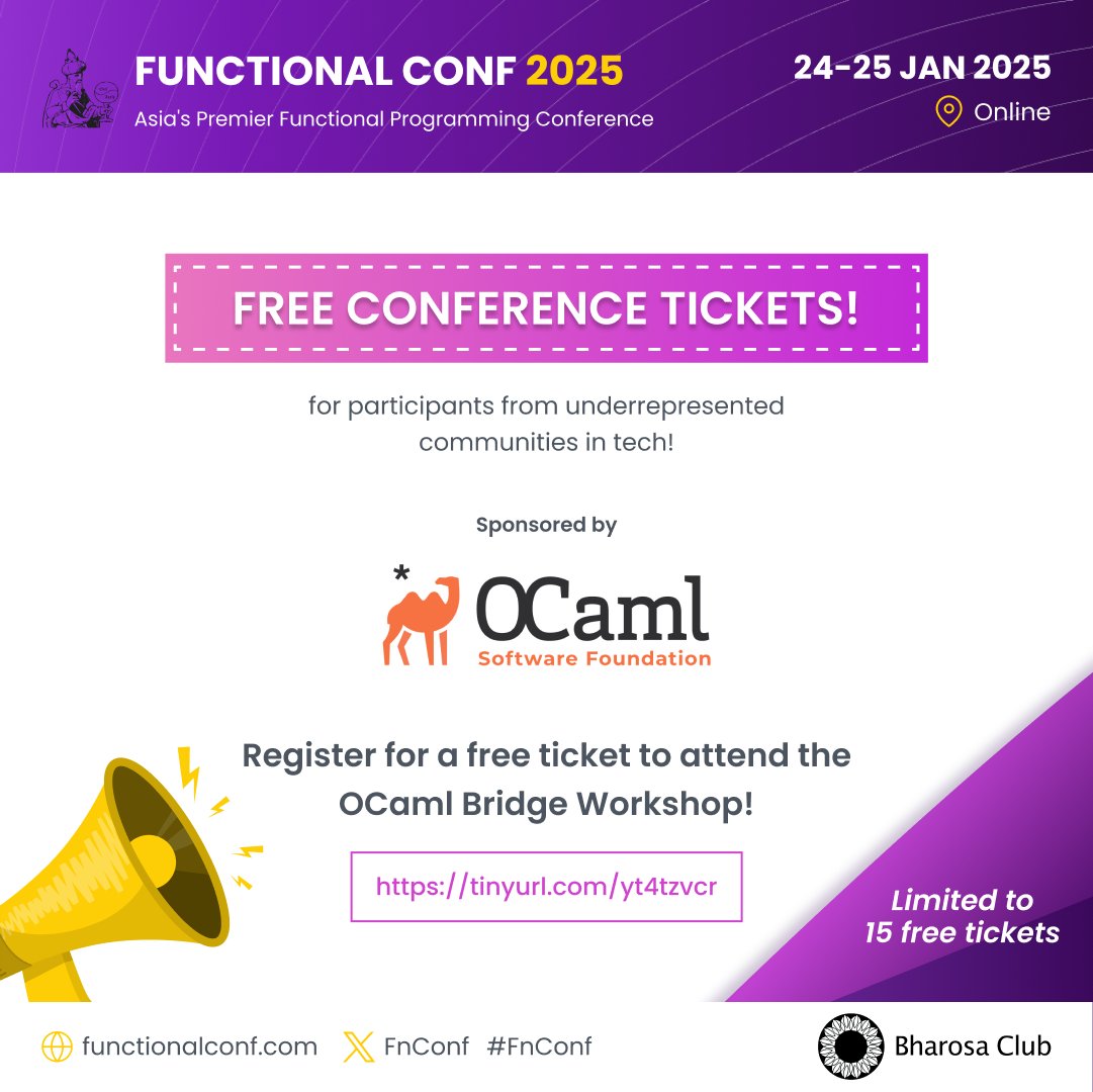 Are you a woman working in #FP? Are you from an underrepresented minority group? Here's a great opportunity for you! The OCaml Software Foundation is giving away 15 free passes to #FnConf 2025! Apply for a free pass by signing up to the #OCaml #workshop:
docs.google.com/forms/d/e/1FAI…
