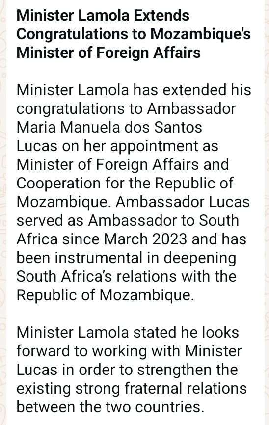 KhayaJames's tweet photo. South African International Relations and Cooperation Minister Ronald Lamola congratulates his Mozambican counterpart Minister Maria Manuela dos Santos Lucas following her appointment. She previously served as Mozambican ambassador in South Africa. #sabcnews #SAMoz https://t.co/VHLQEioXJ6