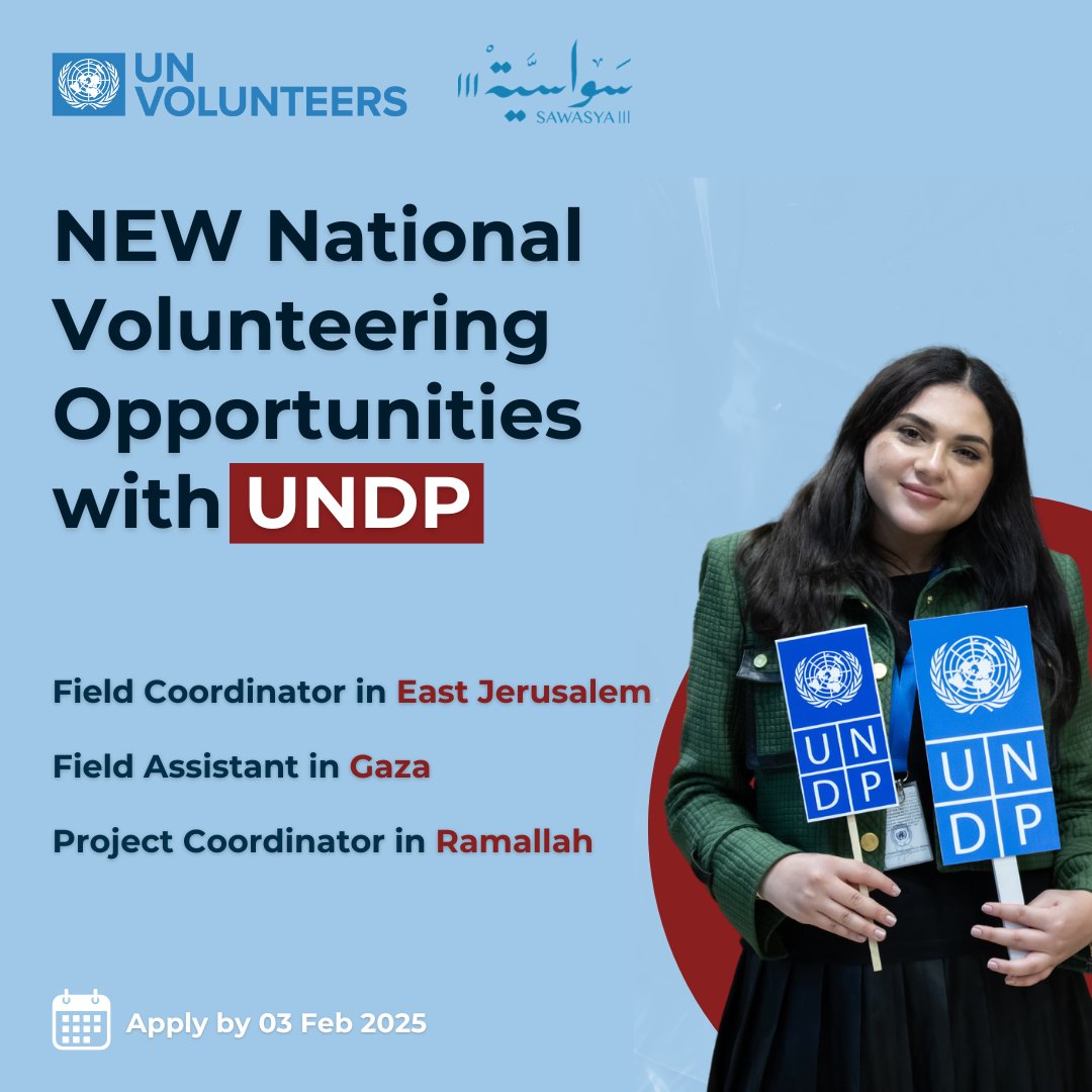 SawasyaPal's tweet image. 🚨Job Alert
Join Sawasya Programme as a UN Volunteer in Palestine!🇵🇸
📌Available Positions:
Field Coordinator-Jerusalem
🔗app.unv.org/opportunities/…
🔵 Field Assistant-Gaza
🔗app.unv.org/opportunities/…
🔵 Project Coordinator-Ramallah
🔗app.unv.org/opportunities/…
Deadline: 3Feb2025