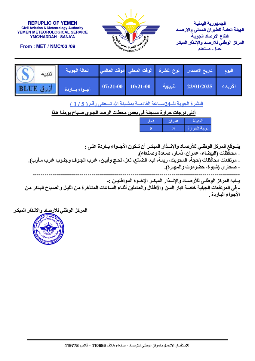 النشرة التنبيهية المتوقعة للـ24 ساعة القادمة  رقم( 5 / 1 )
التاريخ : 22/01/2025   الوقت : 10:21:00