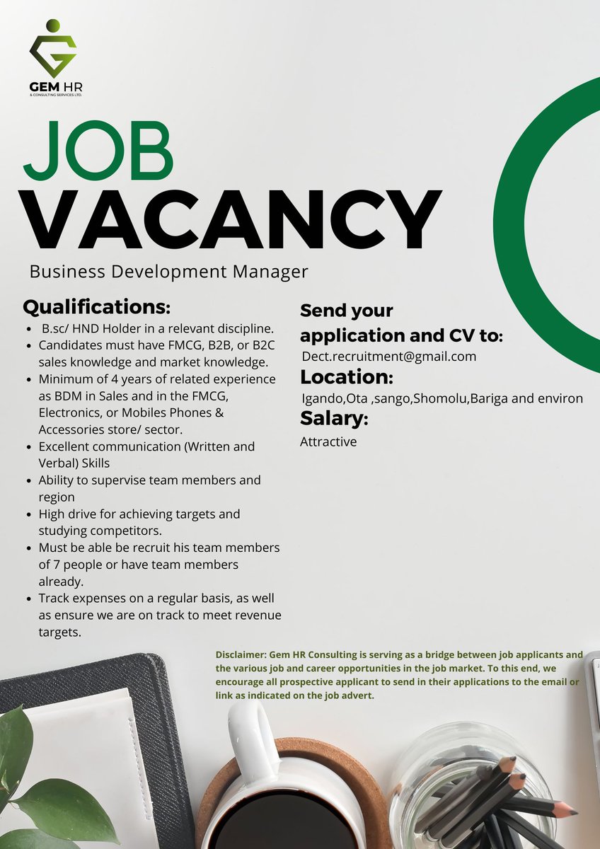 gem_hr's tweet image. 🔥 Urgent Hiring: Business Development Manager! 🌟 Location: Igando,Ota ,sango,Shomolu,Bariga and environ. 💌 APPLY: Dect.recruitment@gmail.com⏳ Act fast—this opportunity won't last! 👥 Know someone ideal? Tag them! #developmentmanager #developmentmanagement #businessgrowth