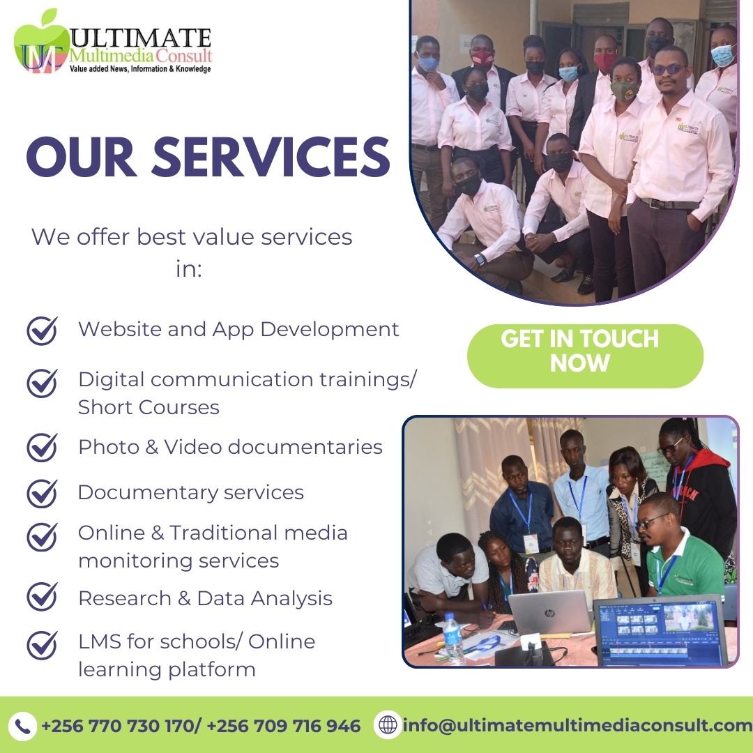 At <a href="/Ultimate_UMC/">Ultimate Multimedia Consult</a>  we offer a range of top-tier services from Website &amp; App development to digital communication trainings, media monitoring, documentation services &amp; more. 

Get in touch &amp; excel with us. 
📲256 770 730 170
📧 info@ultimatemultimediaconsult.com