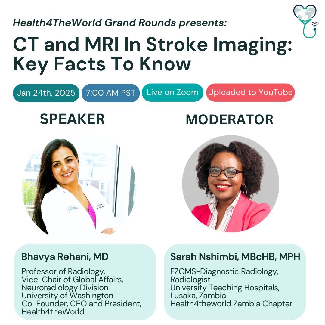 CharityH4TW's tweet photo. H4TW invites you to an exciting Grand Rounds on CT & MRI in #StrokeImaging with @BhavyaRehaniMD, moderated by @NshimbiSarah! Join us on Jan 24 at 7:00 AM PST.
Register: https://t.co/oz483wckRJ
#Imaging #futureradres #MedTwitter #GlobalHealth #Radiology #RadRes #MedEd https://t.co/bUfNDFhOX3