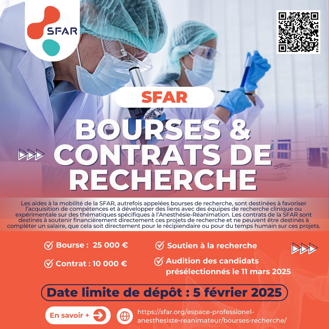 SFAR Anesthésie Réanimation (@sfar_org) on Twitter photo 🚨 Bourses & contrats de recherches SFAR 2025 🚨
📥 Déposez votre candidature ➡️ sfar.org/espace-profess…
<a href="/SFARJeunes/">SFAR Jeunes</a> <a href="/AJARFrance/">AJAR France 🇫🇷</a> <a href="/SNPHARE/">SNPHARE</a> <a href="/SyndicatSnarf/">SNARF</a> <a href="/SNJeunesAR/">Syndicat National des Jeunes Anesth-Réa</a> <a href="/jeunesMIR/">ANJMIR</a> <a href="/SNIA75/">SNIA : Syndicat Nal des #IADE</a> @IADE_de_France <a href="/contactfnir/">Fédération Nationale des Infirmiers de Réanimation</a> <a href="/ISNItwit/">ISNI - InterSyndicale Nationale des Internes</a> 🚨 Bourses & contrats de recherches SFAR 2025 🚨
📥 Déposez votre candidature ➡️ sfar.org/espace-profess…
<a href="/SFARJeunes/">SFAR Jeunes</a> <a href="/AJARFrance/">AJAR France 🇫🇷</a> <a href="/SNPHARE/">SNPHARE</a> <a href="/SyndicatSnarf/">SNARF</a> <a href="/SNJeunesAR/">Syndicat National des Jeunes Anesth-Réa</a> <a href="/jeunesMIR/">ANJMIR</a> <a href="/SNIA75/">SNIA : Syndicat Nal des #IADE</a> @IADE_de_France <a href="/contactfnir/">Fédération Nationale des Infirmiers de Réanimation</a> <a href="/ISNItwit/">ISNI - InterSyndicale Nationale des Internes</a>