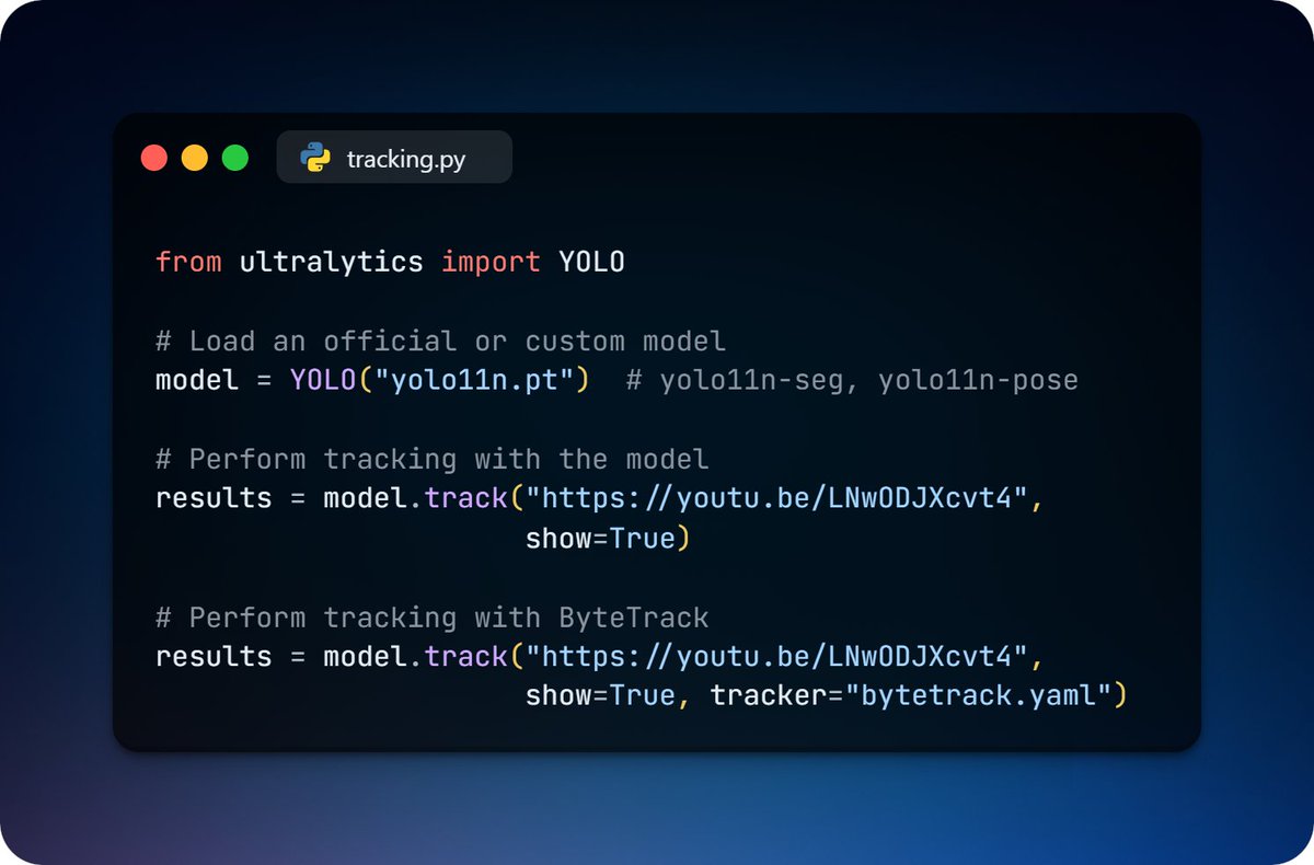 ultralytics's tweet image. Track objects using Ultralytics YOLO11! 🎯 

Enhance your computer vision applications using our object tracking mode. Monitor objects seamlessly across frames for robust video analytics in real-time.

Learn more ➡️ ow.ly/OBNg50UnoKC

#ObjectTracking #AI