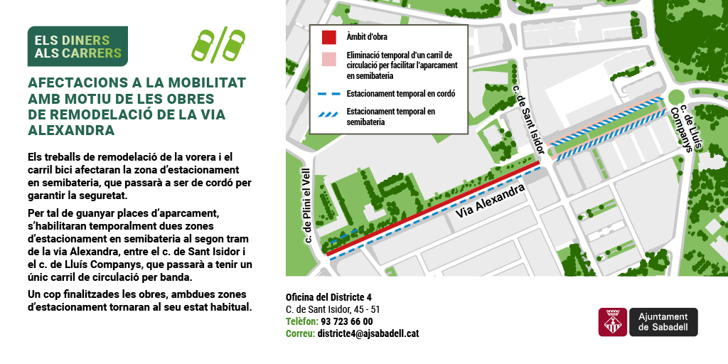 Aj_Sabadell's tweet photo. ⚠️ Afectacions a la mobilitat a la Via Alexandra
🚫 La zona d'estacionament en semibateria passarà a ser de cordó
🚗 El tram entre el c. de Sant Isidor i el c. de Lluís Companys passarà a tenir un únic carril de circulació per banda
#Sabadell #ViaAlexandra #Mobilitat https://t.co/fkyNlvQQG4