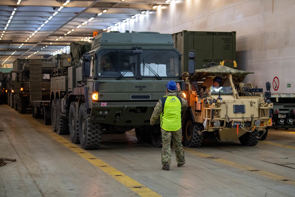 JFC_Naples's tweet photo. Vehicles of the @BritishArmy 7th Light Mechanised Brigade, the "Desert Rats," disembarked the cargo ship 'Eddystone' in Emden, Germany. They head to Romania for Exercise #SteadfastDart25 NATO's largest training exercise in 2025, showcasing alliance unity. @SHAPE_NATO https://t.co/OExJE5sjN3