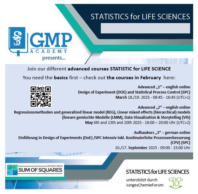 +++ partnership advertising +++
Statistics for Life Science
Date? March, May and September 2025
prize: Enrolled (doctoral) students: 79 €
Authorities / University / Privat persons: 89 €
Companies: 99 €
More information and registration here: gmp-kurs.de