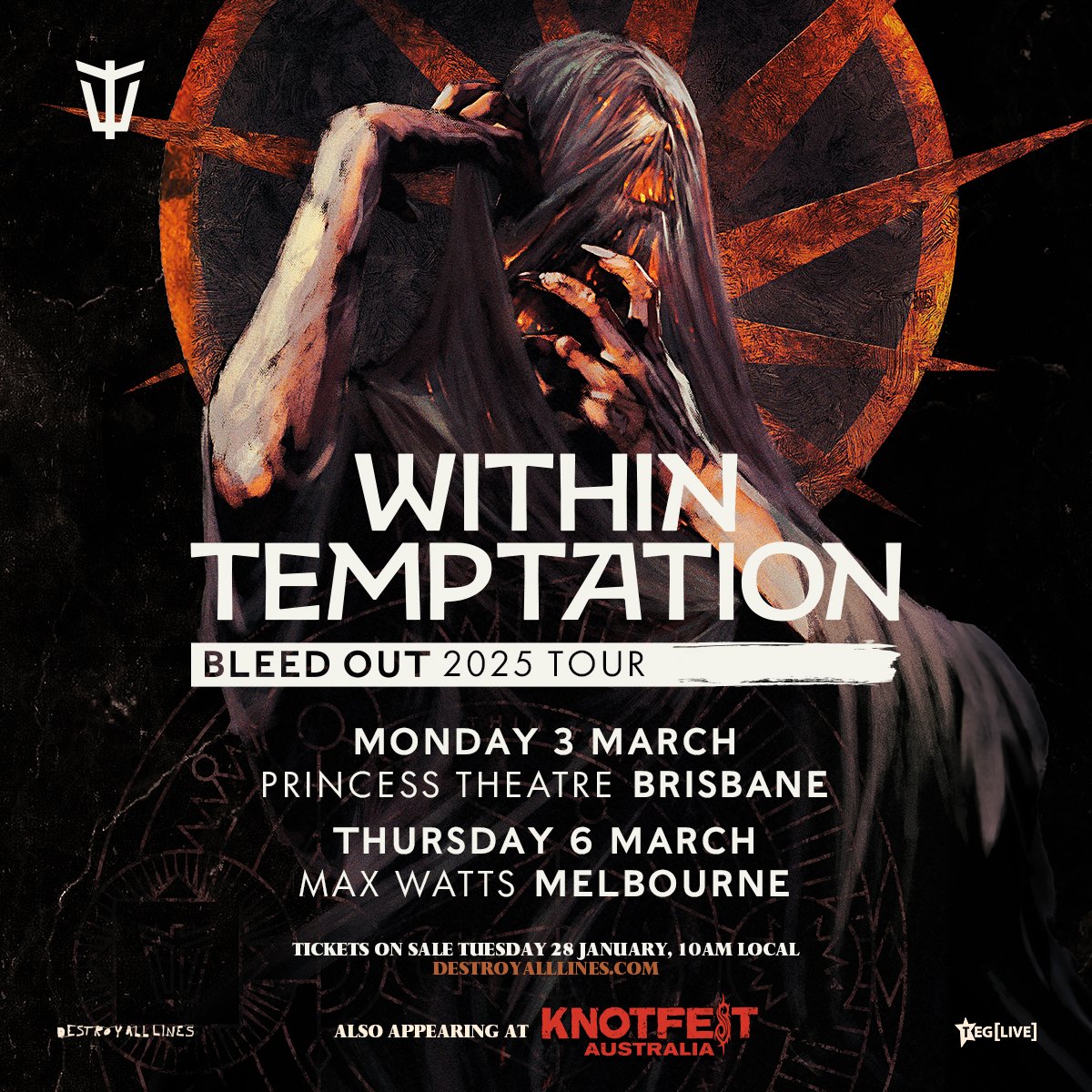 WTofficial's tweet image. 🇦🇺 The sideshows you've been asking for... Melbourne &amp;amp; Brisbane we are excited for our first ever Australian headline shows this March! Sign up to access the presale now → knotfestau.com/withintemptati…

🎫 - Presale tickets are on sale Friday 24 January - 9am local time
🎟️ - General…