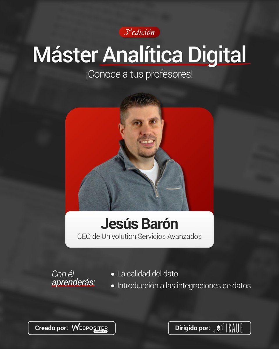 Este profe es fundador de varias empresas y además, es CEO y Analista de Datos en #Univolution

Hablamos de <a href="/jesusbaron/">jesusbaron</a> , desarrollará la importancia de los datos de calidad, su evaluación, errores comunes, los tipos...

Cuida tus datos al detalle👌

📚bit.ly/M-Analitica