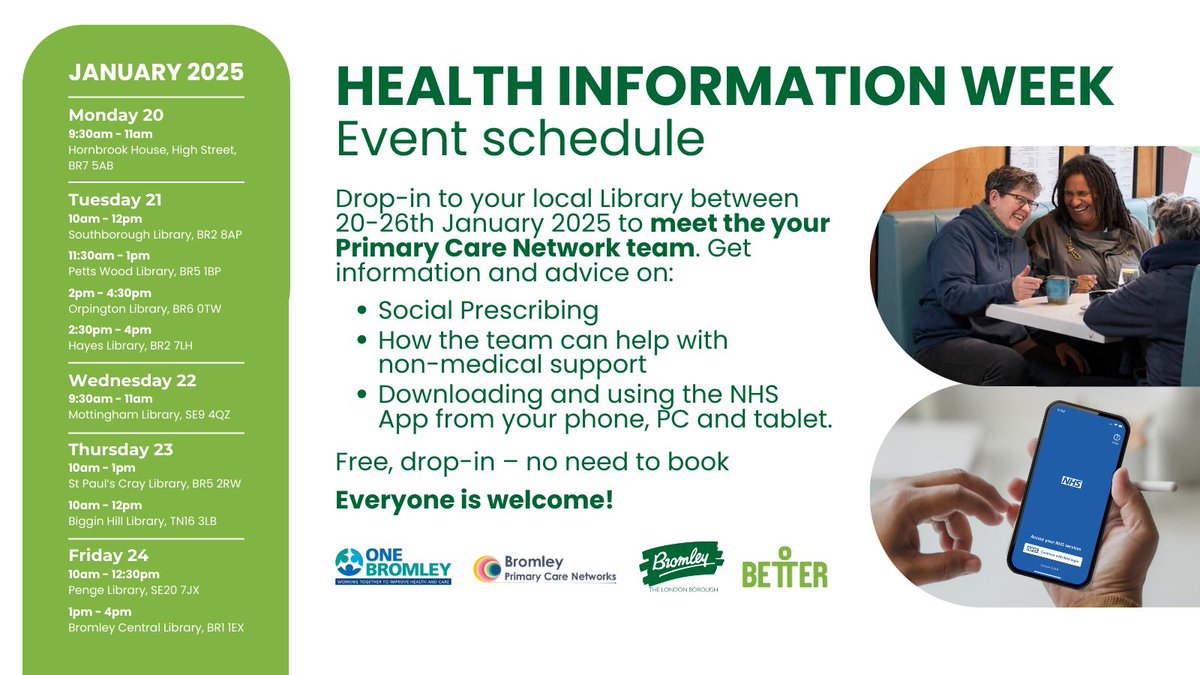 BromLibraries's tweet photo. #HealthInformationWeek: 20th-26th January. Join your local Primary Care Network Team all this week in Bromley Libraries. No need to book just drop in!
TODAY the team will be visiting #MottinghamLibrary from 9.30-11.00
@LBofBromley @OneBromley @BromleyWell @GLL_UK @Better_UK https://t.co/UtANOOeDEs