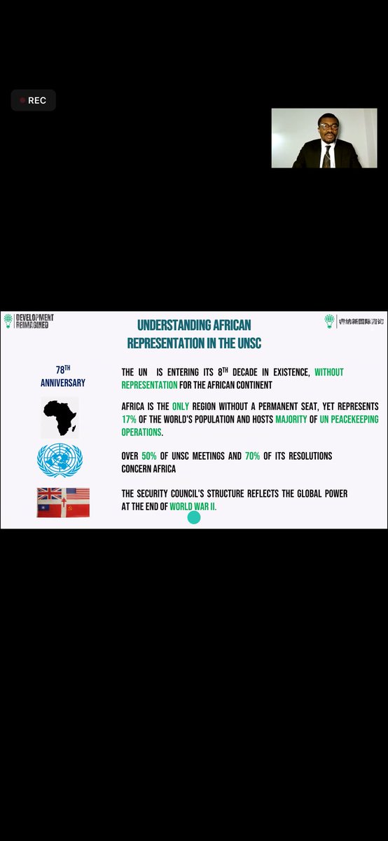 DevReimagined's tweet image. Our Policy Analyst, @OvigweEguegu , kicks off the webinar with a compelling preamble on understanding Africa's representation in the UN Security Council. 🌍✨

 #UNSC #AfricaInUN #PolicyAnalysis #GlobalGovernance #AfricaFirst