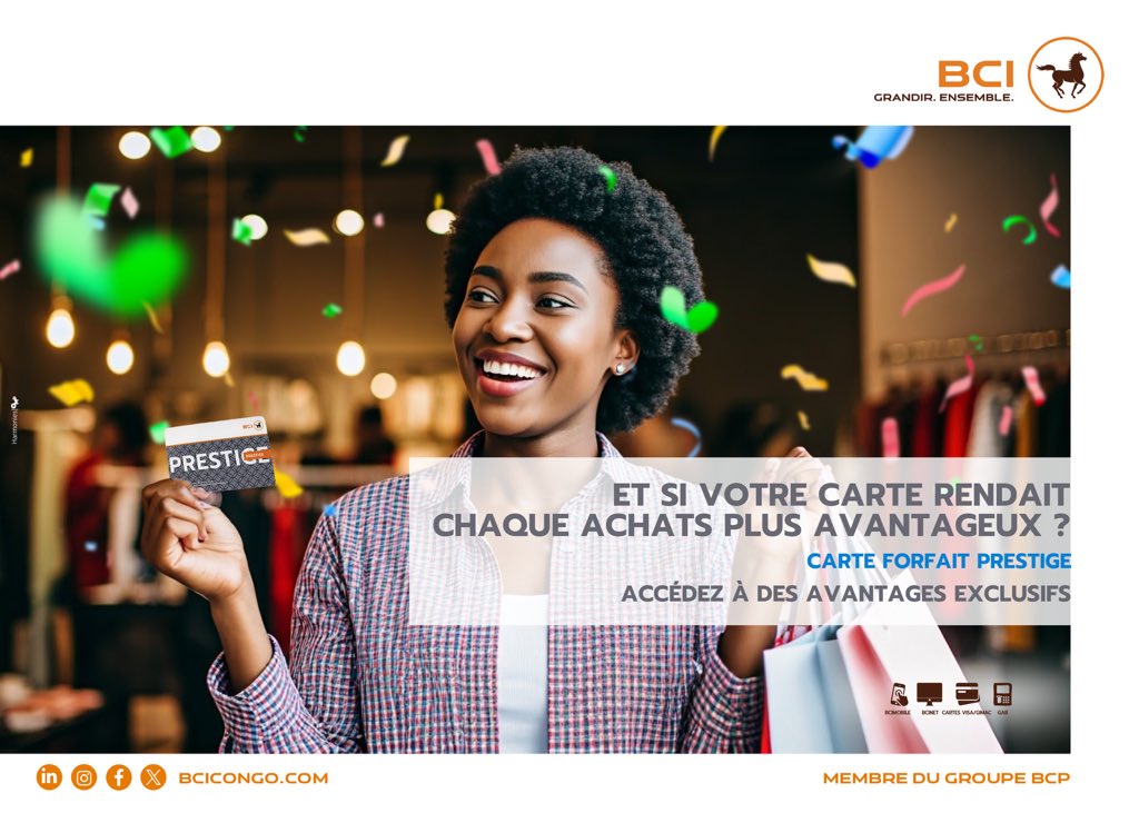 BciCongo's tweet photo. [CARTES FORFAITS BCI]

Et si votre carte forfait PRESTIGE vous offrait la possibilité de bénéficier des avantages exclusifs lors de vos achats en obtenant des remises auprès de nos partenaires forfaits ?

Rendez-vous en agence.

#bcicongo #GrandirEnsemble  #avantagesexclusifs https://t.co/iuzqhidX6L