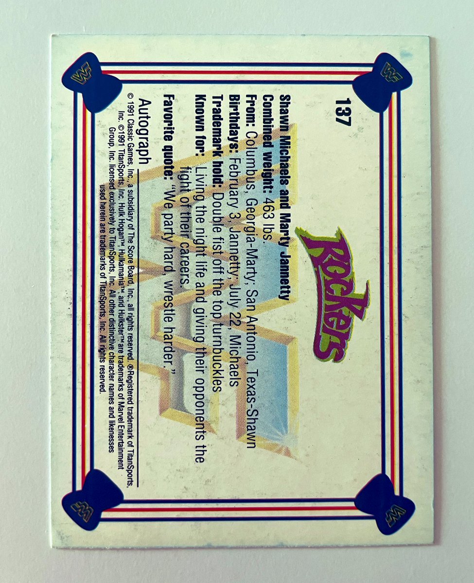 ShoneCold's tweet image. 🟦 #WrestlingCardWednesday 

WWF Classic 1991 Series 

🟢🟣🟢 THE ROCKERS 🟢🟣🟢

Shawn Michaels &amp;amp; Marty Jannetty

#PartyHard 🤘 

137/150