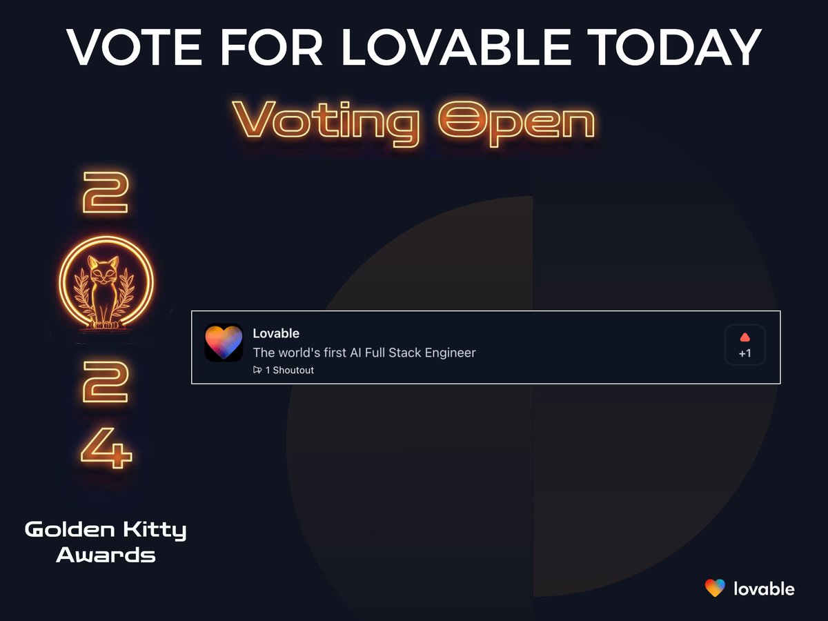 rezaul_arif's tweet image. Let's make @lovable_devVote Vote for @lovable_dev to make it the top Developer Tool of 2024 in @ProductHunt 's Golden Kitty Awards 2024 category.
Voting link 👇
producthunt.com/golden-kitty-a…
#AiCoder #Lovable #Ide #ProductHunt