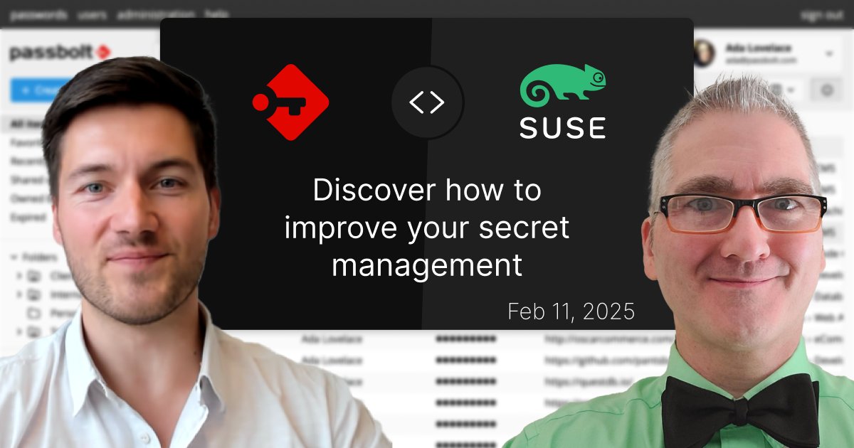 🚀 Join <a href="/SUSE/">SUSE</a> for an exclusive live webinar on 11 February at 3:00 PM GMT+1, where <a href="/passbolt/">passbolt</a>'s and SUSE Linux Enterprise Server's teams will walk through practical use cases for improving your organization's infrastructure security.
👉 Save your spot now: okt.to/JeEVBq