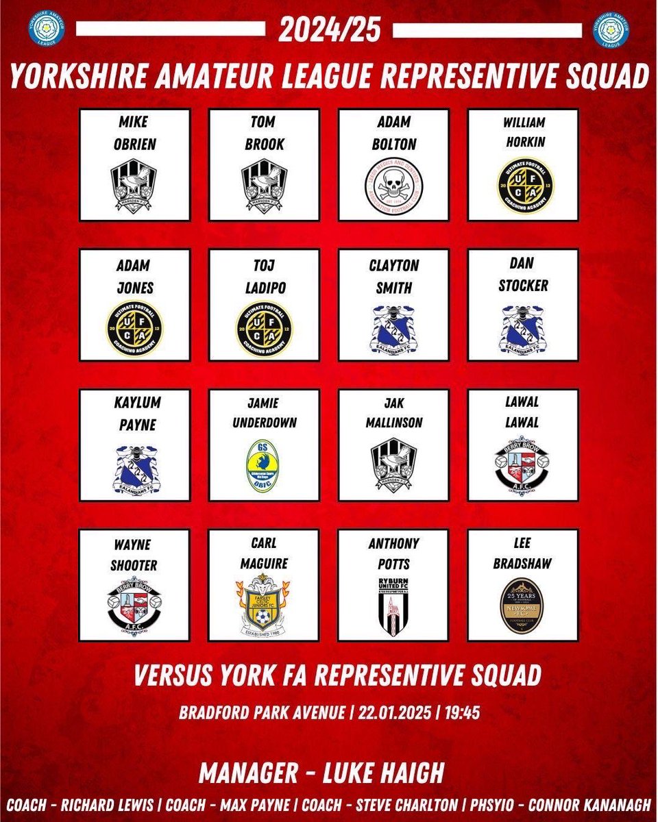 Yorkshire Amateur Association Football League (@officialyal) on Twitter photo Here’s our Representative squad of 16 to face <a href="/MinsterFootball/">York Football League</a> at Bradford Park Avenue’s Horsfall Stadium this evening. Kick-off is at 19:45. Here’s our Representative squad of 16 to face <a href="/MinsterFootball/">York Football League</a> at Bradford Park Avenue’s Horsfall Stadium this evening. Kick-off is at 19:45.