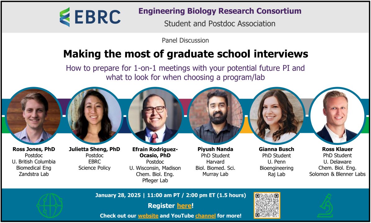 The next <a href="/EngBioRC/">EBRC</a> SPA panel is Jan 28! Please RT/share!

🧬 Are you an undergrad or Master’s student and applying to graduate school or thinking about it?

📺 Attend our panel to learn about interviews and choosing a program/lab!

🔗 Register here: forms.gle/YTPvQ8ZewGc9z7…