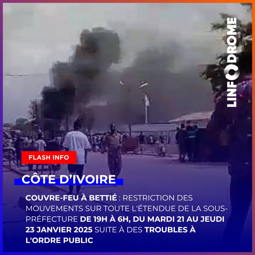 Linfodrome's tweet photo. Le préfet de Bettié, Tinan Marie Chantale Touhou, a mis en place un couvre-feu par arrêté préfectoral le 21 janvier 2025, en réponse à des troubles ayant conduit à l'incendie de la brigade de gendarmerie locale.  

#Linfodrome #couvre-feu #Bettié https://t.co/sa1i0IKMdP
