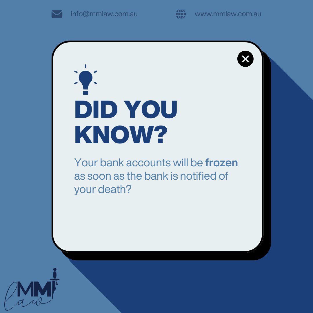MMLaw__'s tweet photo. Did you know that your bank accounts will be frozen as soon as the bank is notified of your death? 🥶⁠
⁠
Need more information? Contact MMLaw today ☎️

#mmlaw #lawyers #sunshinecoast #locallawfirm #lawfirm #legalhelp https://t.co/FdOhQHiZfs