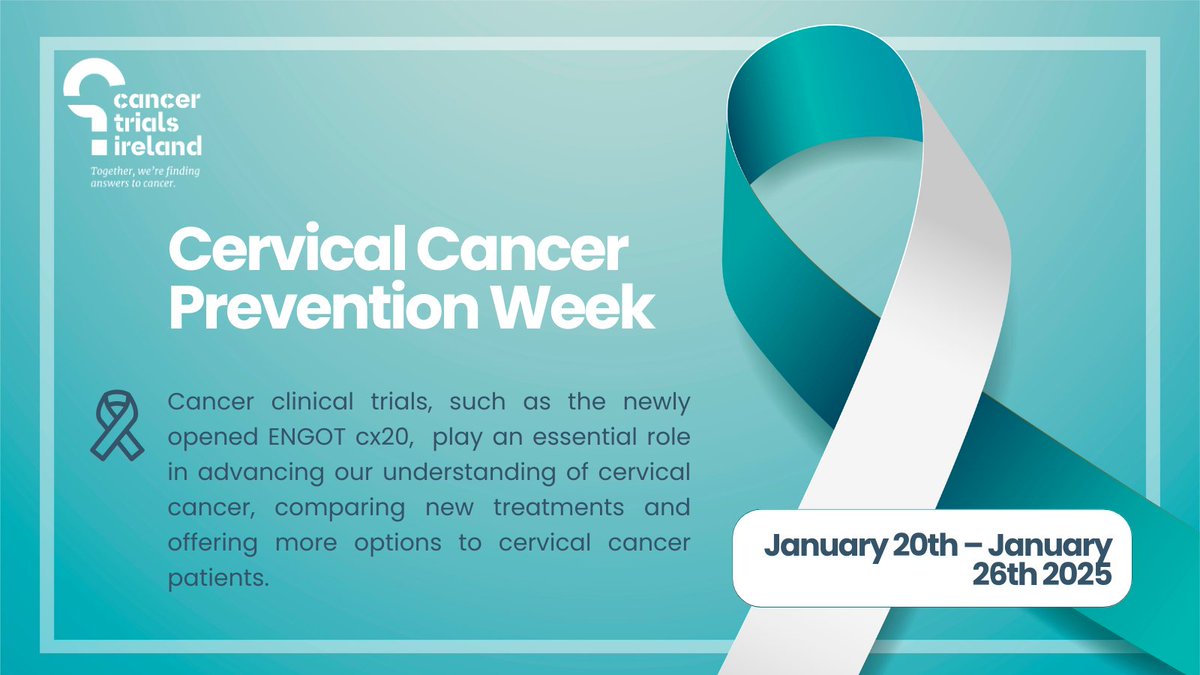 CancerTrialsIreland 🌈 (@cancertrials_ie) on Twitter photo This Cervical Cancer Prevention Week, we recognise that clinical trials can provide patients with access to new treatments. The ENGOT cx20 trials for patients with metastatic #CervicalCancer is open at 3 🇮🇪 sites, and has multiple patients in screening. <a href="/CancerInstIRE/">Trinity St James's Cancer Institute</a> This Cervical Cancer Prevention Week, we recognise that clinical trials can provide patients with access to new treatments. The ENGOT cx20 trials for patients with metastatic #CervicalCancer is open at 3 🇮🇪 sites, and has multiple patients in screening. <a href="/CancerInstIRE/">Trinity St James's Cancer Institute</a>
