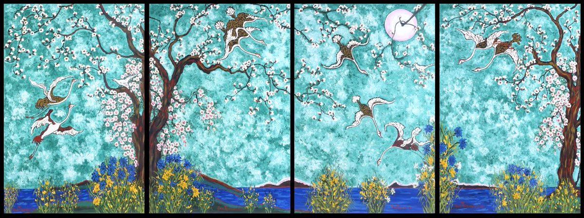 AnaTzarev's tweet image. &quot;Great Art reminds us of something bigger than itself of The Great Source of all Greatness.&quot;
~Ana Tzarev~
Glory of Spring, each panel 130 x 195 cm, oil on linen, 2000
#quadriptych #quadriptyque #artistsonfacebook #artistsoninstagram #cranebird #japan #painting #cherryblossom