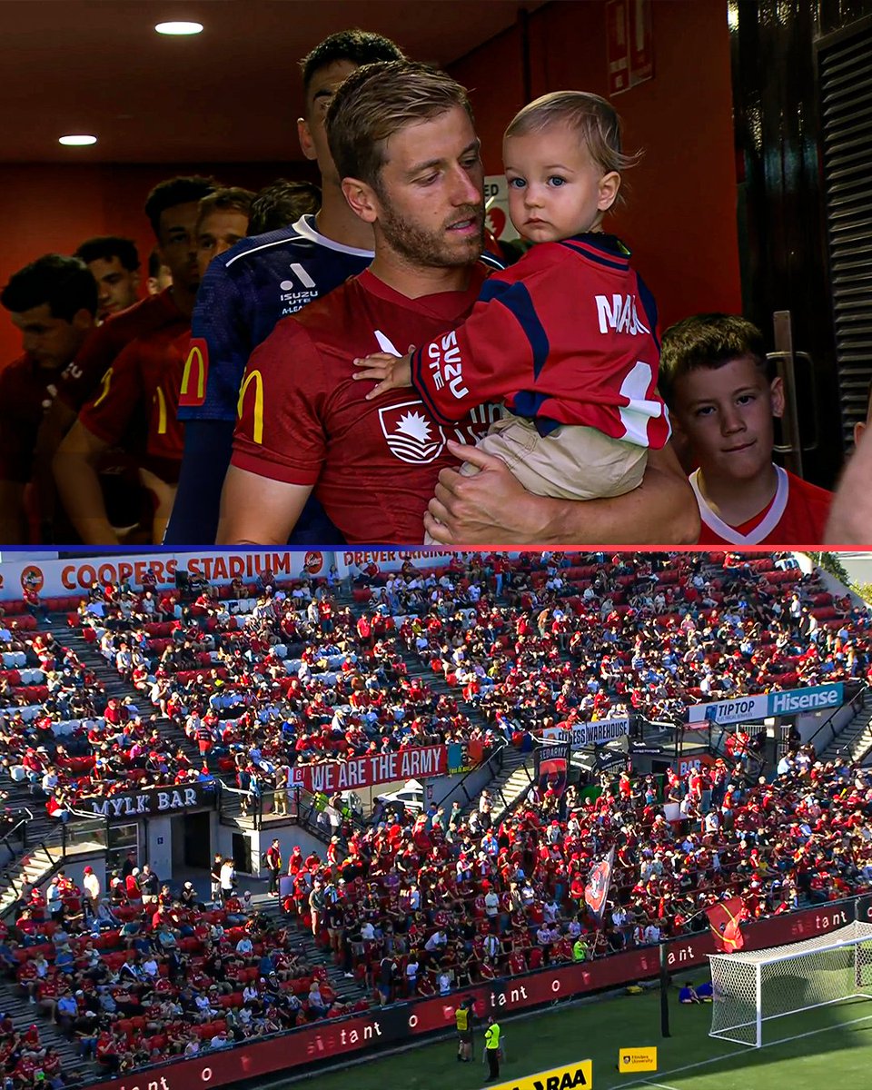 aleaguemen's tweet image. How adorable is this 🥹 @AdelaideUnited's Stefan Mauk walks out of the tunnel with his little one ❤️

It's 1⃣ vs 2⃣ at a packed out Coopers Stadium tonight! 🔥

📺 Watch #ADLvAKL live and exclusive NOW on Paramount+