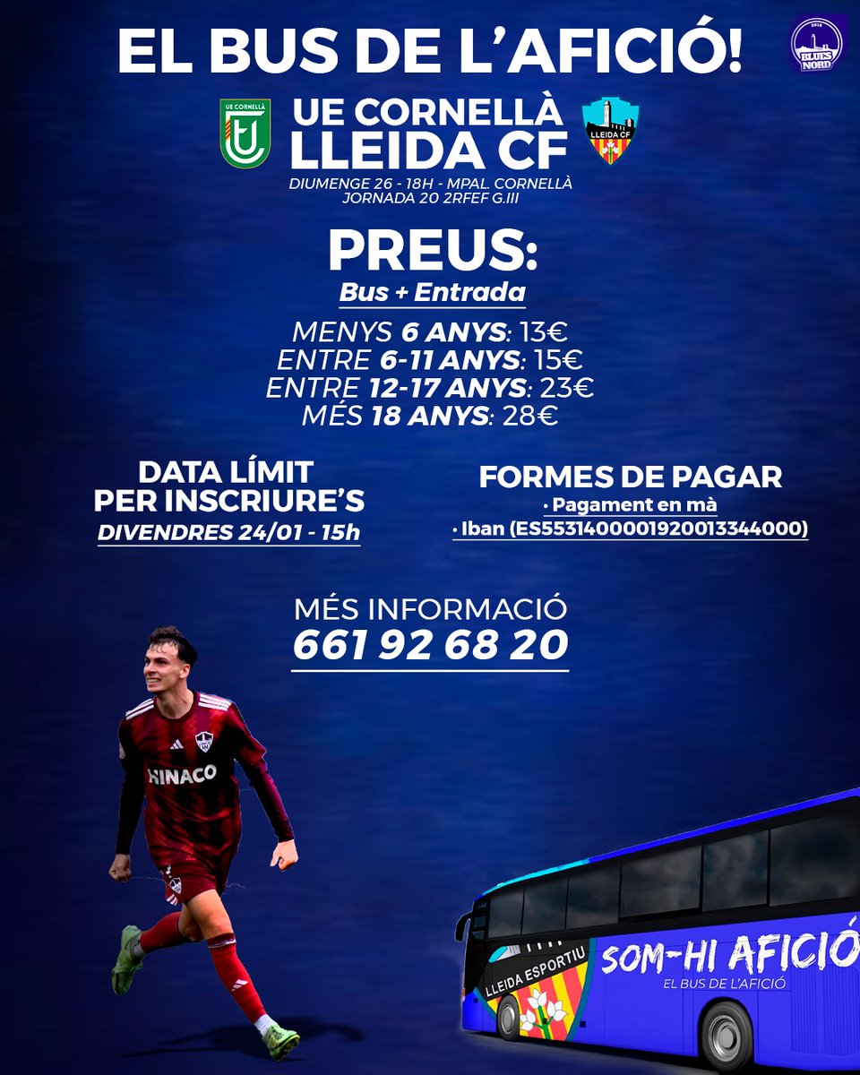 BluesNord's tweet photo. Darrers dos dies per poder inscriure't al bus de l'afició direcció Cornellà. Perdi o guanyi animarem, perdi o guanyi exclamarem, el Lleida, el  @LleidaCF és el millor!!! Us sona???💪💪💪💪 https://t.co/vtqyygsIoY