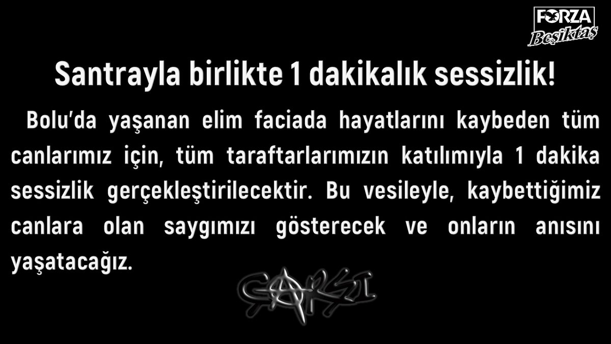 Santrayla birlikte 1 dakikalık sessizlik!

Bolu’da yaşanan elim faciada hayatlarını kaybeden tüm canlarımız için, tüm taraftarlarımızın katılımıyla 1 dakika sessizlik gerçekleştirilecektir. Bu vesileyle, kaybettiğimiz canlara olan saygımızı gösterecek ve onların anısını