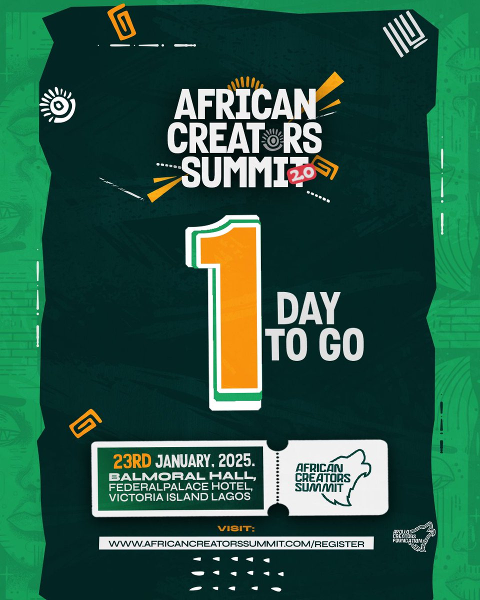 The wait is almost over! Just 1 DAY TO GO until the African Creators Summit 2.0 kicks off!

Haven't registered yet? There's still time! Click link in bio and join us for this groundbreaking event.

#ACS2025
#AfricanCreatorsSummit2025