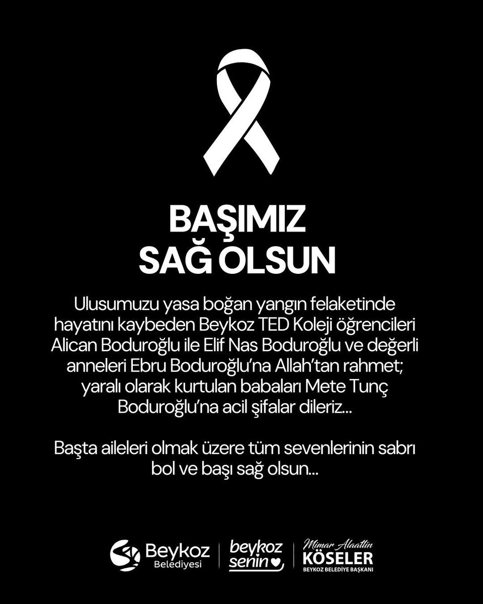 Ulusumuzu yasa boğan yangın felaketinde hayatını kaybeden Beykoz TED Koleji öğrencileri Alican Boduroğlu ile Elif Nas Boduroğlu ve değerli anneleri Ebru Boduroğlu’na Allah’tan rahmet; yaralı olarak kurtulan babaları Mete Tunç Boduroğlu’na acil şifalar dileriz…

Başta aileleri
